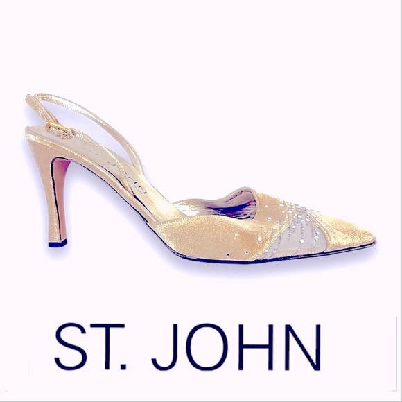 ST JOHN Beige Metallic Crystal Embellished Evening sling back Heels 8.5B - Picture 2 of 15